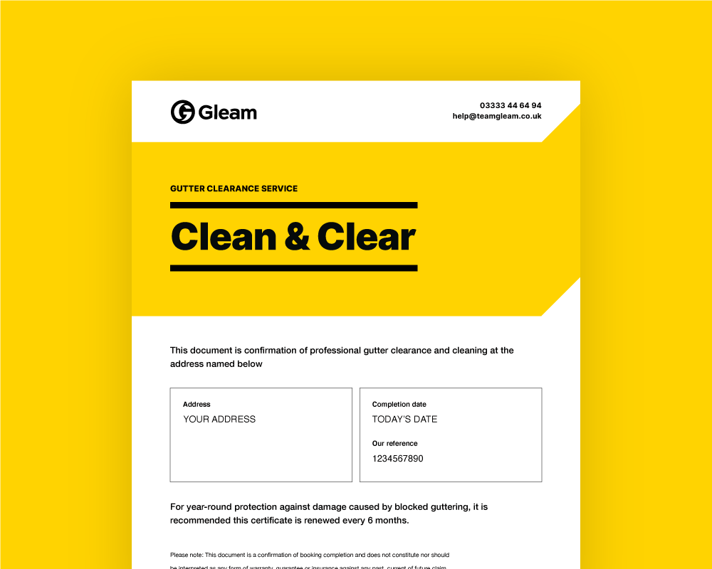 Team Gleam gutter cleaning clean and clear certificate