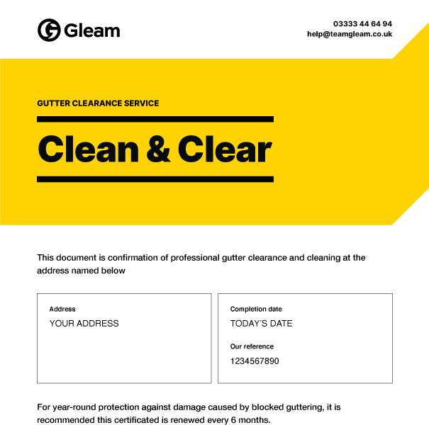 Gutter clean and clear certificate